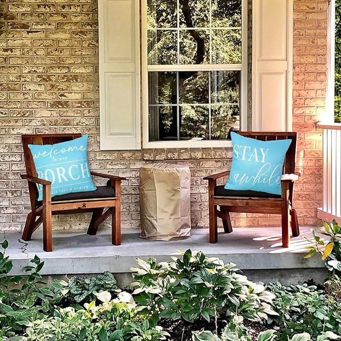 TAJWE Blue Outdoor Pillow Covers Waterproof 18x18 Set of 2 Welcome to Our Porch Stay Awhile Cushion Cases for Patio Furniture Sofa Couch Decor