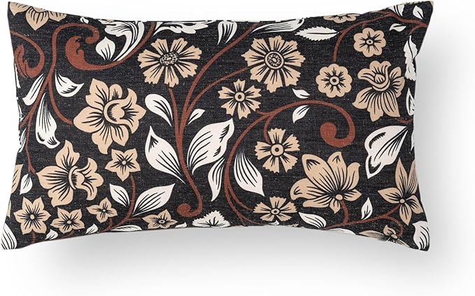 Crumbs Home Modern Farmhouse Fall Linen Indoor Outdoor Lumbar Pillow Cover Only, 12"x20" Water Repellent for Patio, Backyard, Couch, Black Ivory Cream Floral