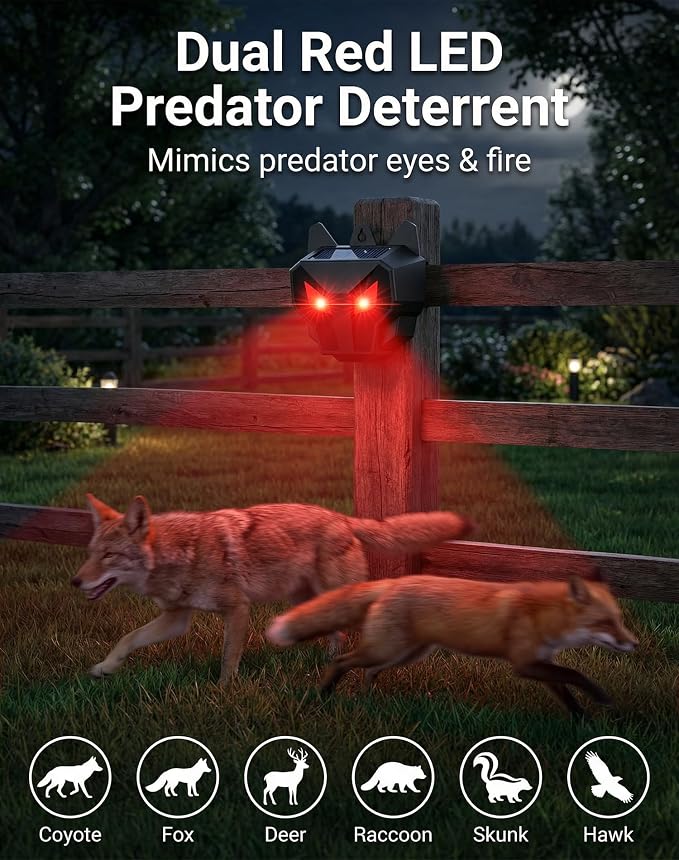 4 Pack Solar Nocturnal Animal Repeller with Dual Red LED Lights, Humane Coyote Deterrent for Fox Raccoon Skunk Deer, Waterproof Predator Lights for Chicken Coop, Farm & Garden (4, Black)
