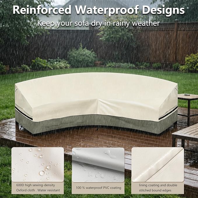 Okcool Outdoor Sectional Cover,Curved Patio Furniture Covers for 3-4 Seater Outdoor Furniture Couch,120"(Back Arc Length) x 81"(Front Arc Length) ,White&Grayish Green