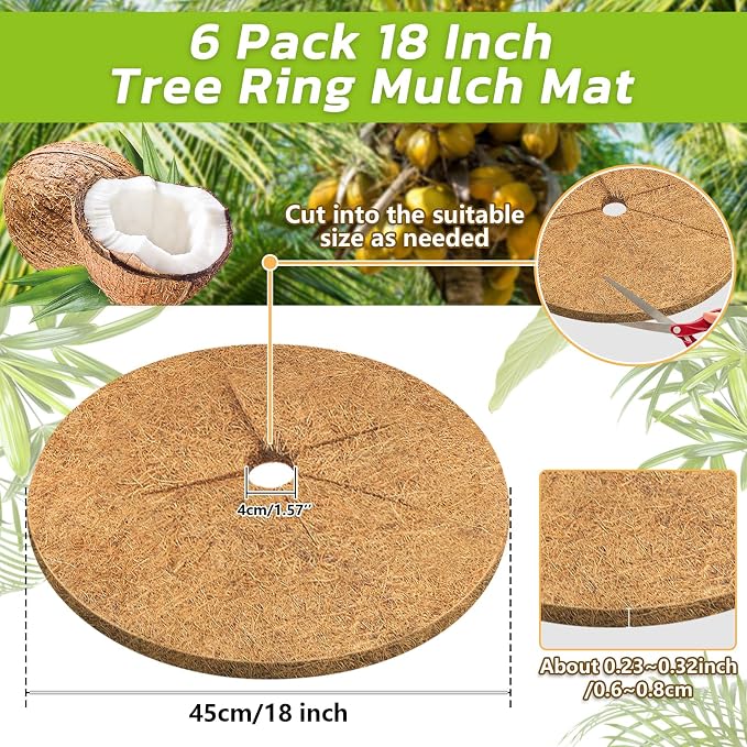 Legigo 6pcs Coconut Fiber Mulch Ring Tree Plant Protector Mat, 18 Inch Natural Coco Coir Tree Mulch Ring Plant Pot Soil Cover, Tree Rings Disc Plant Cover for Indoor Outdoor Plants, Landscaping