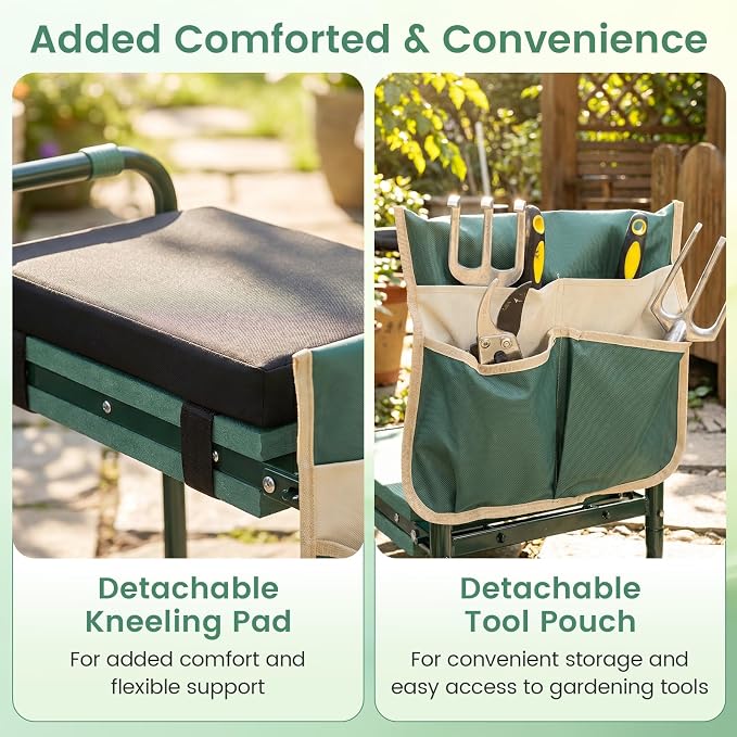 2-in-1 Garden Kneeler and Seat, Folding Garden Seat w/EVA Foam Kneeling Pad & Removable Tools Pouch, Sturdy Steel Frame, No Assembly, Portable Heavy Duty Garden Stool w/Detachable Armrests