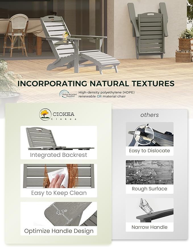 Ciokea Folding Adirondack Chair with Retractable Ottoman Fire Pit Patio Chair with Pull Out Foot Rest Weather Resistant Lawn Outdoor Chair with 2 Cup Holder (Grey Set of 2)