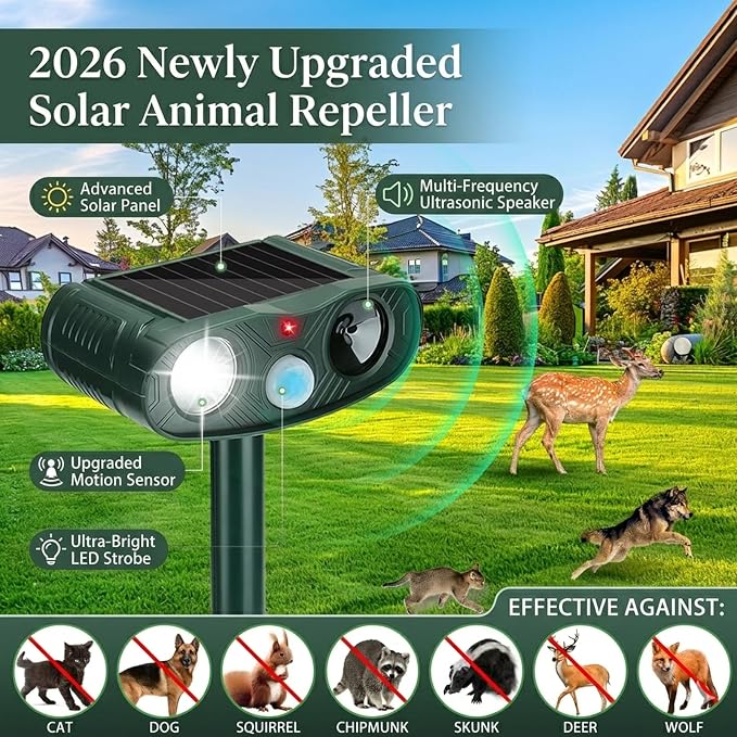 2-Pack Solar Ultrasonic Animal Repellent Outdoor: 2026 Upgraded Raccoon Rabbit Repellent Devices & Cat Repeller for Yard, Sonic Fortress Pro Deer Repellent Devicess with LED Flash Lights