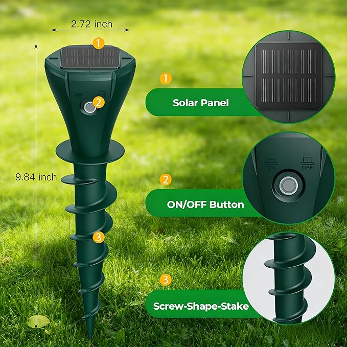 Solar Powered Mole Repellent for Lawns, 4 Packs Ultrasonic Vole Repeller Outdoor, IP 65 Waterproof Outdoor Ultrasonic Mole Deterrent Get Rid of Gopher Vole Skunk Groundhog Snake in Garden Yard Lawn