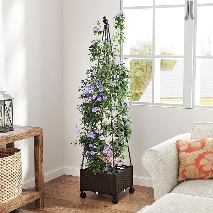 HAPPYGRILL 71" Garden Trellis for Climbing Plants, Self-Watering Raised Garden Bed w/Obelisk Trellis, Lockable Wheels, Adjustable Height, Indoor Outdoor Vertical Planter Box for Flower, Vine (1)