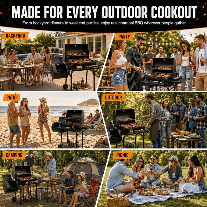 Realcook Charcoal Grill with Offset Smoker: Spacious Barrel Charcoal Grills with 800 Sq. In. Cooking Space - BBQ Offset Smoker Combo for Backyard Parties Weekend Barbecues Gatherings