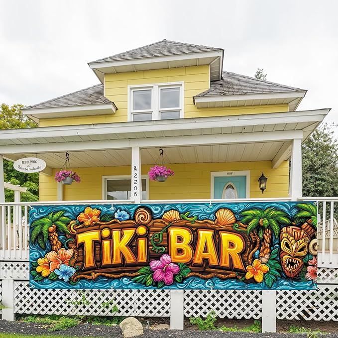 10x3 ft Extra Large Summer Tiki Bar Banner Outdoor 115''x35'' Summer Tropical Banner for Fence Outside Garden Large Flower Banners Yard