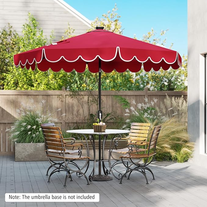 Tangkula 9 FT Solar Patio Umbrella, 2-Tiers Scalloped Outdoor Table Market Umbrella with 32 LED Lights, Vented Top, Tilt Adjustment, Crank, 8 Ribs for Backyard Poolside Deck Beach Lawn (Red)