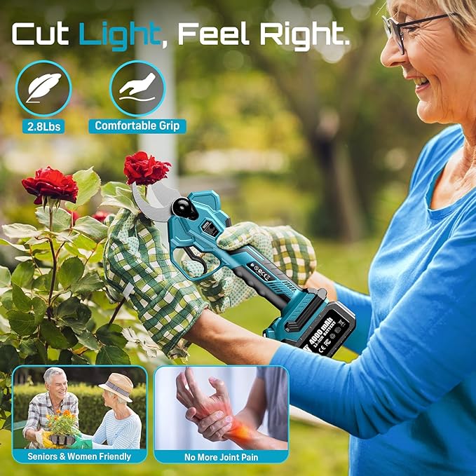 SEESII Electric Pruning Shears for Gardening: 1.8” Cutting Cordless Power Pruner - Brushless Motor, Dual 4.0Ah Battery, 4 Levels Adjustable Extra SK5 Blade Branches Cutter For Tree & Flower Trimming