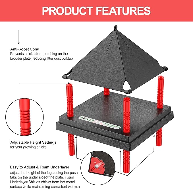 Chick Brooder Heating Plate with Anti Stand Cone, Adjustable Height Brooder Heater for Chicks, Downward Heat Distribution for Outdoor Barns & Coops (12" x 12" Black)