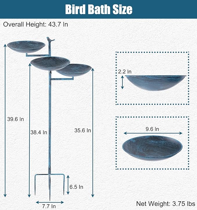 44" H Bird Bath and Feeder for Outdoors, 3 in 1 Free Standing Metal Birdbaths with Cast Iron Bird 4-Prong Stake Base for Outdoors Yard Garden Patio, Blue
