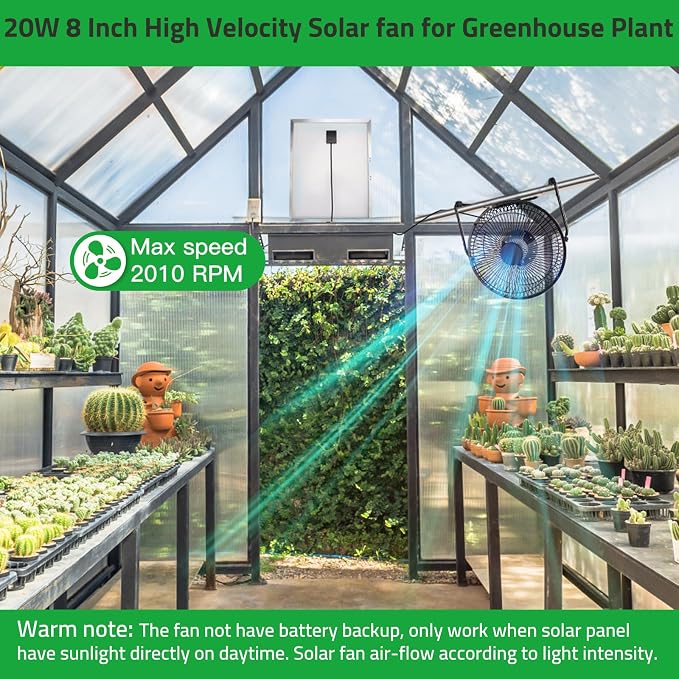 blessny 8" Solar Fan for Outdoor Greenhouse, Chicken Coop, Pet House, Shed Air Circulation Cooling, 25W Solar Powered with 16.4 FT Long Cord, 2010 RPM High Velocity