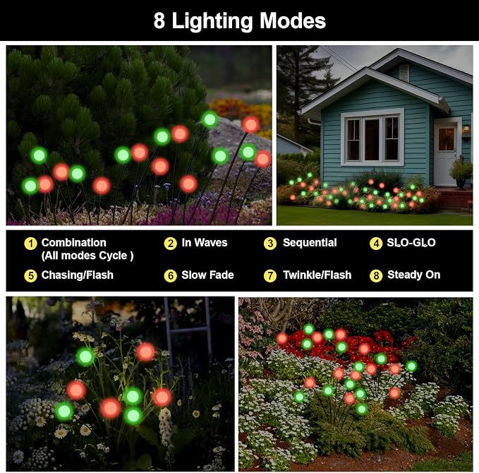 Solar Firefly Lights Outdoor Waterproof; 8 Modes Red and Green Firefly Swaying Solar Garden Lights Stakes for Outside Christmas Holiday Yard Patio Plant Garden Decor 4 Pack(Red & Green)