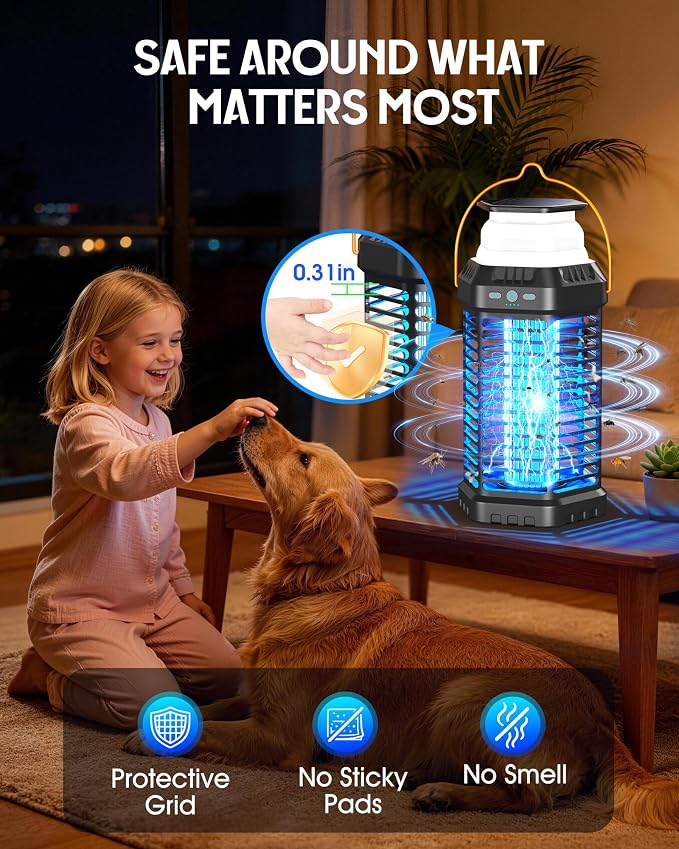 Solar Bug Zapper Outdoor, Rechargeable Mosquito & Fly Zapper with Auto ON/Off, 6000mAh Long-Lasting, Foldable Camping Light, Solar & USB Powered Bug Zapper for Patio, Camping & Indoor Use