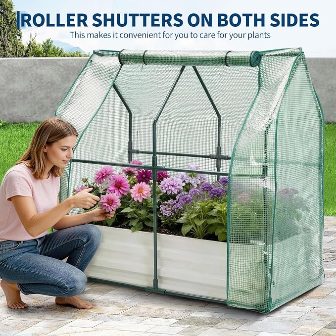 Garvee 48"x24"x12" Raised Garden Bed Kit with Pitched Roof Greenhouse Cover & Irrigation, 3-in-1 Metal Planter Box with Self-Watering System & Insect Mesh, Outdoor Raised Bed for Vegetables Flowers