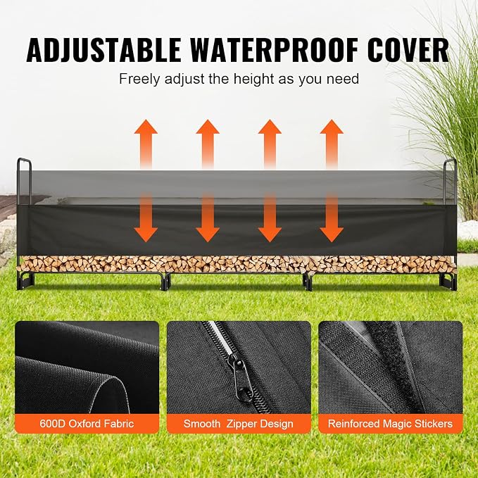 VEVOR 12.7FT Outdoor Firewood Rack with Cover, 152x14.2x46.1in, Heavy Duty Firewood Holder & 600D Oxford Waterproof Cover for Fireplace, Patio, Indoor/Outdoor Log Storage Rack for 3/4 Cord of Firewood