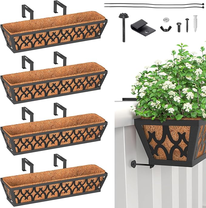 4 Pack Window Box Railing, 24IN Black Metal Hanging Flower Planter Basket with Coco Liner for Outdoor Balcony Porch Fence Patio for Home, Office and Hotel (Black)