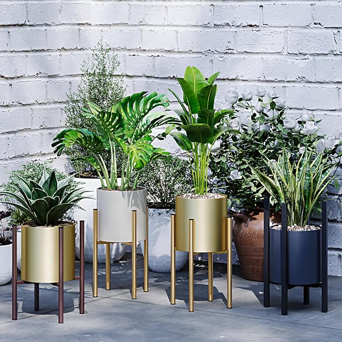 Adjustable Metal Plant Stand Indoor, Fits 8-14 Inch Pots, Mid Century Modern Gold Planter Holder,2 Heights, Heavy Duty 160 lb, Indoor Outdoor Corner Floor Pot Stand, Golden with Round Plate 2 Pack