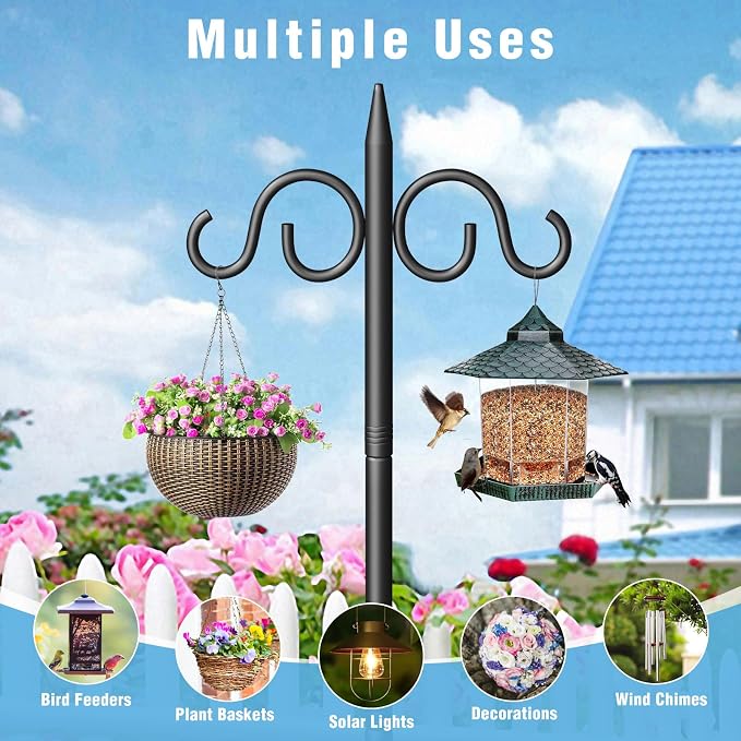 Double Shepherds Hooks for Outdoor, 76 Inch Heavy Duty Bird Feeder Pole with 5 Prongs Base, Adjustable Shepherds Hook for Bird Feeder, Garden, Weddings, Hanging Plant, 1 Pack