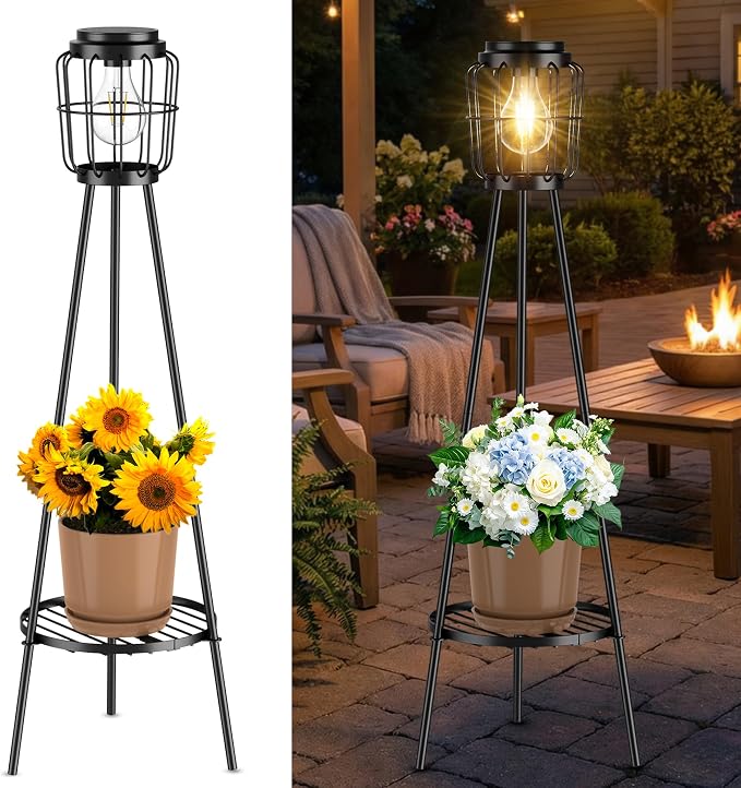 MXwcy Solar Lights Outdoor with LED Edison Bulbs, Solar Floor Lamp with Plant Stands for Garden Yard Pathway Driveway Front/Back Porch Decoration