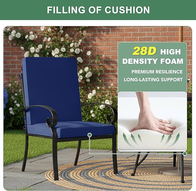 Summsun High Back Patio Chair Cushions, Outdoor Dining Seat Cushion with Splash-Proof Removable Covers, Ties, Non-Slip Bottom for Garden Lawn Patio Furniture, 44 x 20 Inch, Navy