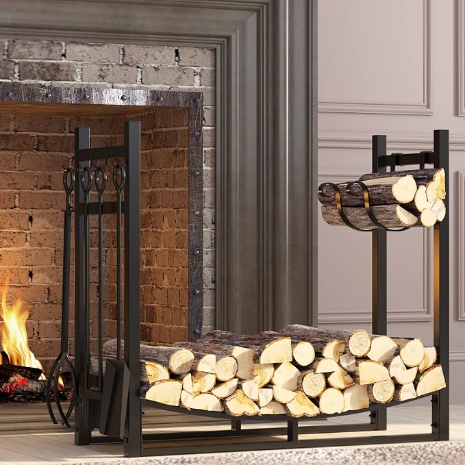 Fire Beauty Fireplace Log Rack with Kindling Holder and Firewood Storage - Includes 4 Tools (19.8")