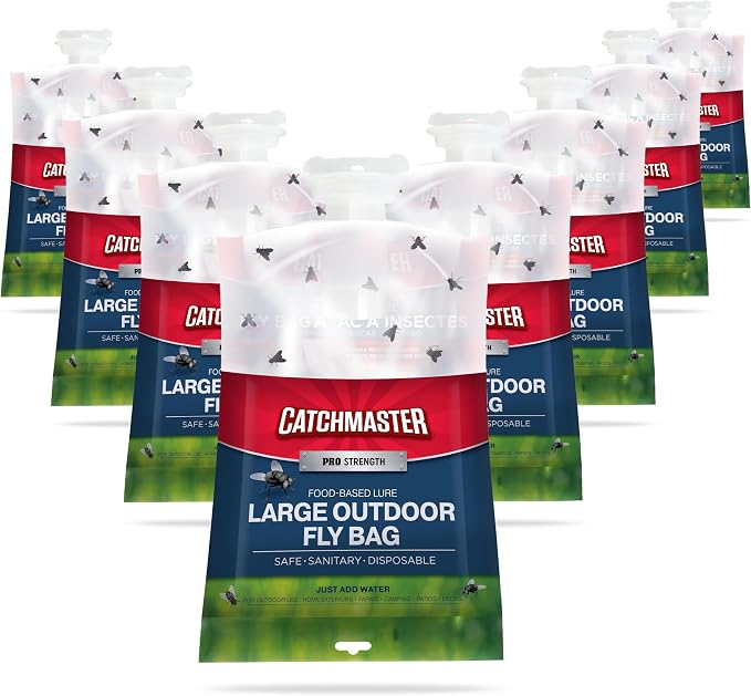 Catchmaster Disposable Outdoor Fly Trap, 8 Hanging Bags with Bait | Catches house, bottle & blowflies, Holds up to 30,000 flies, Food-based lure, no spray needed, For barns, coops & ranches