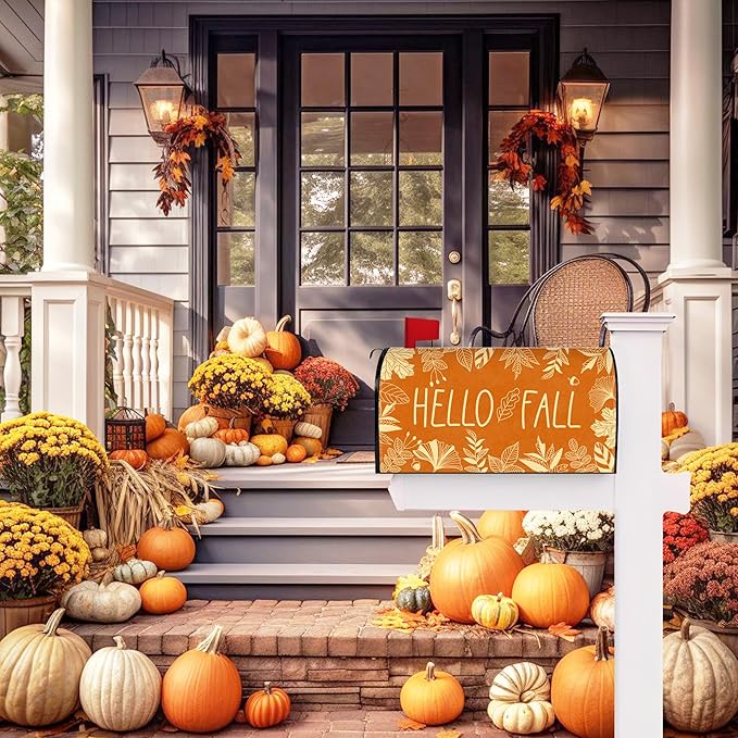 Hello Fall Mailbox Covers Magnetic Fall Thanksgiving Mailbox Cover Autumn Post Letter Box Cover for Garden Yard Decor 21x18 Inch