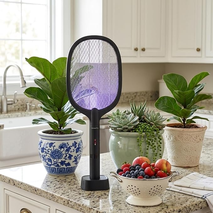 Fly Swatter Electric(2 Pack) Bug Zapper Racket, USB-C Rechargeable Electric Fly Swatter Portable Handheld Cordless Fly Swatter Racket to Kill Mosquitoes, Wasps, Gnats, Flies, Bugs, with Stand