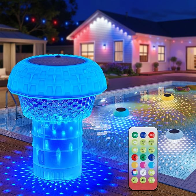 2 in 1 Floating-Pool-Lights-Solar-Powered with Chlorine-Floater, RGBWW-Solar-Pool-Light-Chlorine-Dispenser with 20+ Light Effects, Remote Control, IP68 Waterproof Light for Pools, Hot Tubs, Parties
