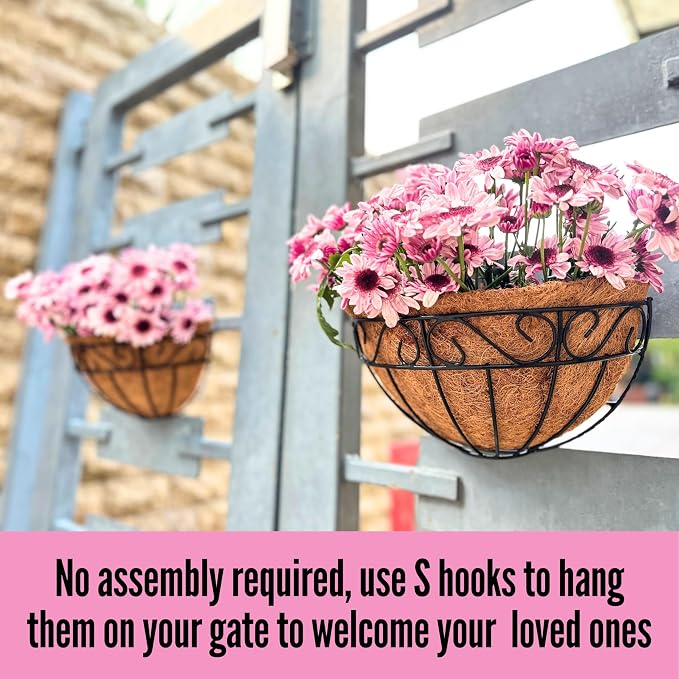 LaLaGreen Bundle- 2 Pack, 16 Inch Metal Basket with Coco Liner + 2 Pack, 16 Inch Half Round Coco Liner Insert Replacement Window Hanging Flower Pot Outdoor Plants Holder Rail Fence Balcony Porch Decor