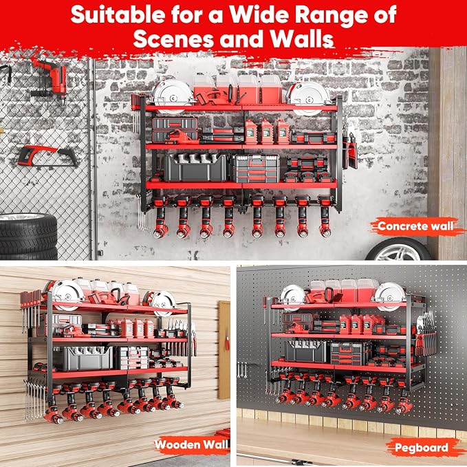 POKIPO Upgrade Large power tool organizer Wall Mount,4 Layers Heavy Duty Metal Loads 400lbs Power Tool Hanger Shelf Battery Storage with 8 Cordless Drill Bit Holder,Utility Racks for Garage Tool Room