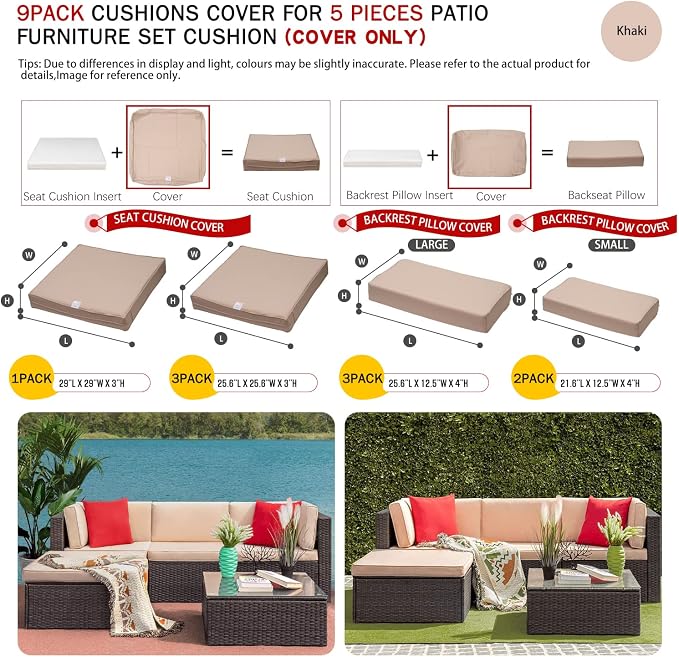 ClawsCover (No Stretchy) 9 Pack Patio Cushion Covers Set,Outdoor Furniture Cushion and Pillow Slipcovers Replacement,Fit for 5 Pieces 4-Seater Wicker Sectional Sofa Chair Couch Set,Khaki-Covers Only