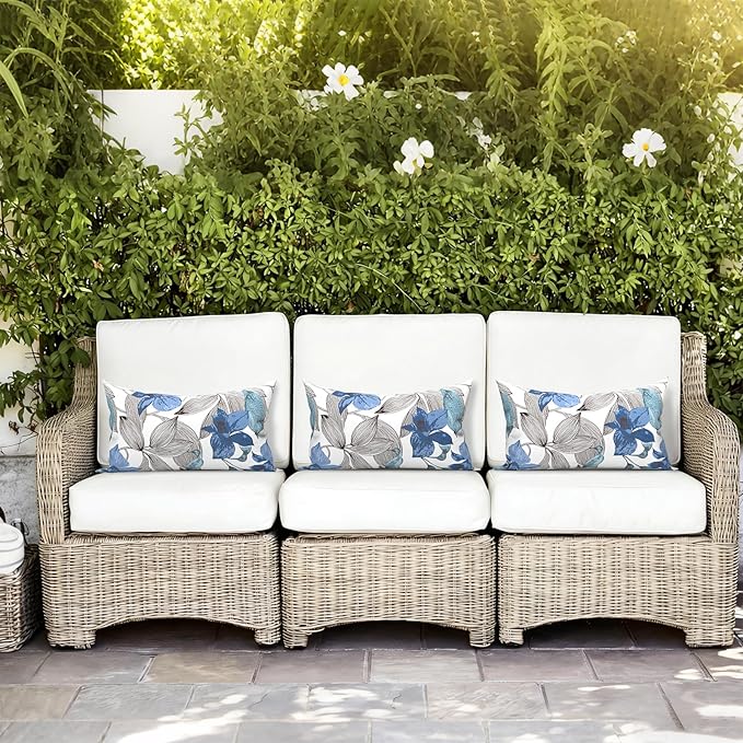 LVTXIII 12×20 Inch Outdoor Lumbar Pillows, Pack of 2 Water Repellent Lumbar Pillow with Inserts, Fluffy Decorative Garden Lumbar Cushions for Home Patio Coach Sofa Use, Clemens Noir Blue