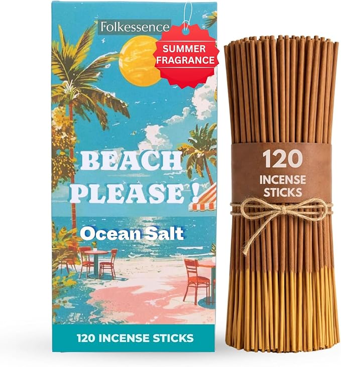 Folkulture Incense Sticks (120 Sticks)| Beach Vibes Ocen Salt Summer Incense for Odor Neutralizer, Relaxation, Aromatherapy | Long Burning, Charcoal-Free, Non-Toxic Insence-Sticks for Summer Gifts