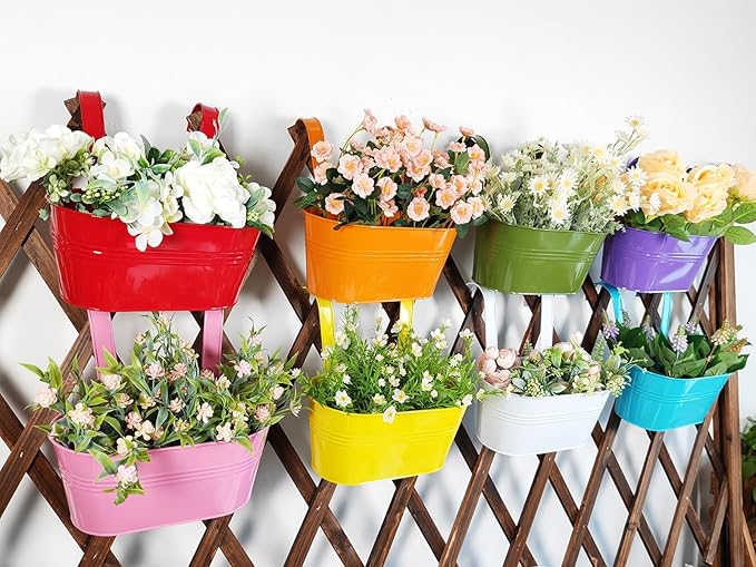 8 Pack Hanging Planters 10", Colorful Metal Bacony Railing Planter for Outdoor Decor, Countryside Fence Pot Flower Bucket for Rails Patio Garden, Plant Pot for Herb (9.8", Pack of 8)