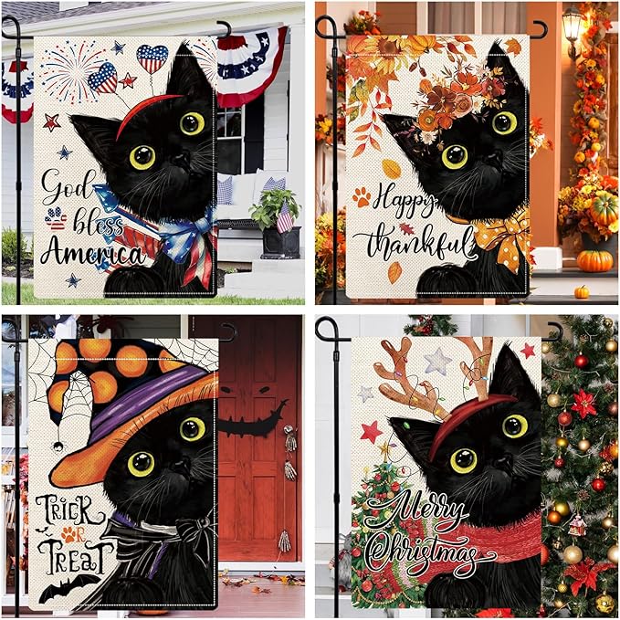 Black Cat Garden Flags for Outside Set of 12, Kitten Welcome Seasonal Garden Flags 12x18 Double Sided for All Seasons and Holidays, Fall Halloween Winter Christmas Yard Flag for Outdoor Decor
