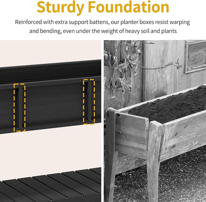 DWVO Raised Garden Bed HDPE with Wheels & Legs, 47x18x31in Weather-Resistant Poly-Wood Elevated Planter Box Outdoor, Double Tier Planters for Patio Balcony Backyard, Black
