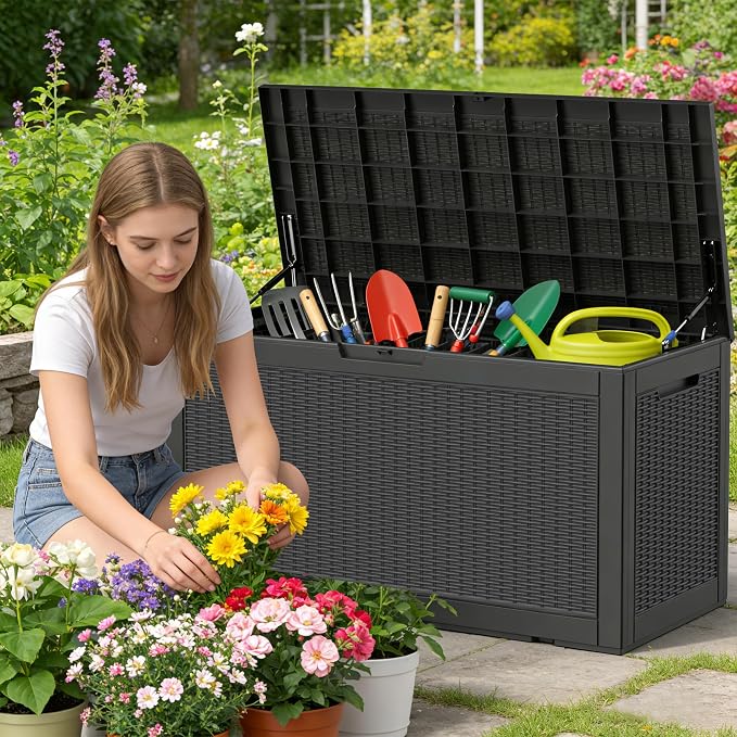 100 Gallon Resin Deck Box All Weather Outdoor Storage Box for Patio Furniture, Garden Tools, Lockable, Black