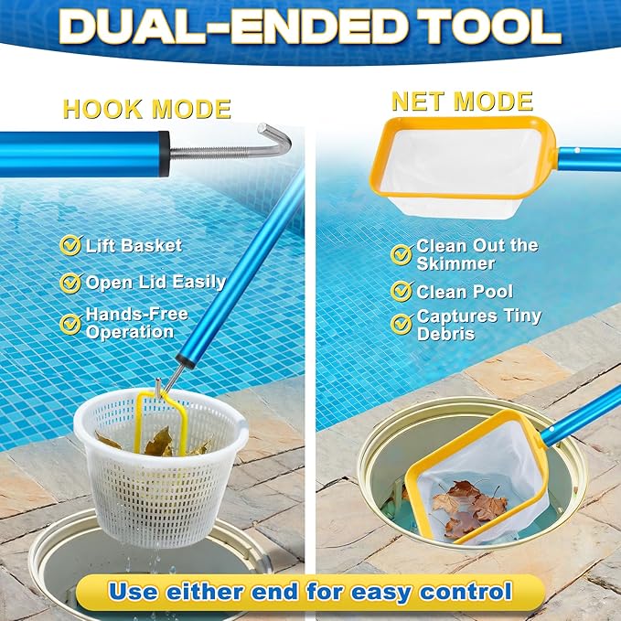 50in 2-in-1 Pool Skimmer Tool with Stainless Steel Hook and Detachable Fine Mesh Net, Includes Skimmer Basket Handle, for Above Ground and Inground Pools