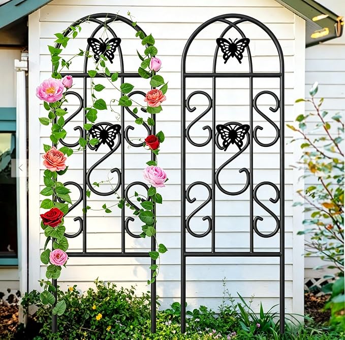 AMAGABELI Garden & Home 4 Pack Garden Trellis for Climbing Plants 60" x 18" Black Iron Trellis for Potted Plant Support Butterfly Metal Trellis for Climbing Roses Vine Flower Cucumber Clematis GT02