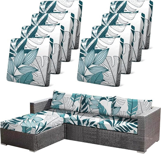 CALBODE 8Pcs Stretch Patio Cushion Cover Outdoor Cushion Cover Replacement Slipcovers Indoor and Outdoor Chair seat Covers Blue Botanical Print Patio Furniture Protector(Cover Only)