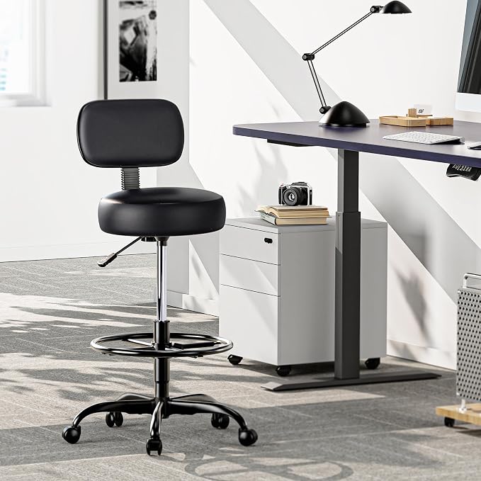 SUPERJARE Drafting Chair with Back, Set of 3, Swivel Barstools, Adjustable Height Rolling Stool with Footrest, Standing Desk Chair for Counter Height Desk, Shop, Home Kitchen, Clinic Studio, All Black