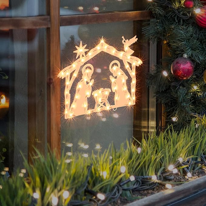 Christmas Window Silhouette Lights, Lighted Nativity Double Sided Decorations with 50 Count Incandescent Mini Light for Holiday Indoor Wall Door Glass Decor