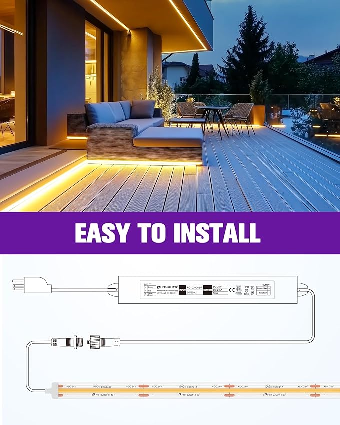 Outdoor COB LED Strip Lights Kit Waterproof 3000K Warm White, 24V Tape Light with Power Supply, IP67, 2560 LEDs, 305 lm/ft, CRI 90+, UL Listed, Premium Lighting for Kitchen, Cabinets, Bedroom, 16.4ft