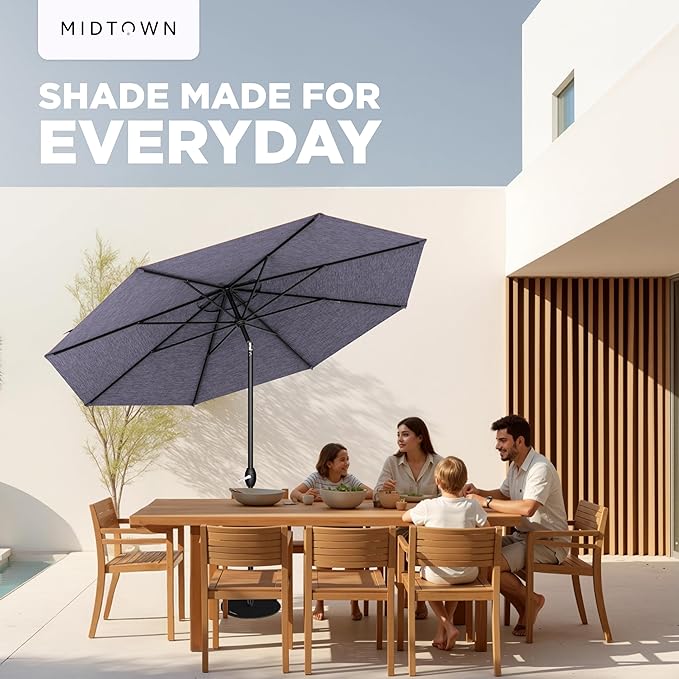 Midtown Umbrellas - 10-Year-No-Fade 9 Ft Patio Umbrella with Terylast Fabric, Auto-Tilt Aluminum Frame and 8 Reinforced Ribs for Deck, Pool, Garden & Beach - Purple Texture Canopy, Black Pole