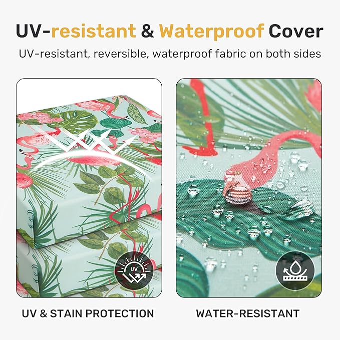 UNIKOME Outdoor Chair Cushions Pack of 4, Water Resistant Patio Cushions with Ties, High Density Sponge Filling Square Corner Seat Cushions for Outdoor Furniture, 18.5"*16"*3", Flamingos