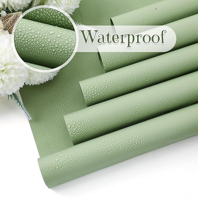 Sabary 120 Sheets Flower Wrapping Paper Bouquet Pure Color Waterproof Floral Packaging Paper with 196 Inch Ribbon Florist Bouquet Supplies for Wedding Birthday DIY, 22.8 x 22.8 Inch (Sea Pine Green)