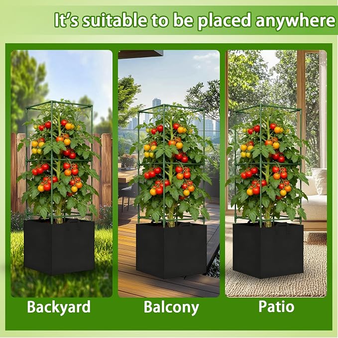 Tomato Cages for Garden, Tomato Planter with Trellis, 48in Tall Square Tomato Trellis with 18 Gallon Grow Bags, Patio & Balcony, Metal Tomato Cage for Tomatoes Cucumbers Peas Climbing Plants, 3 Pack